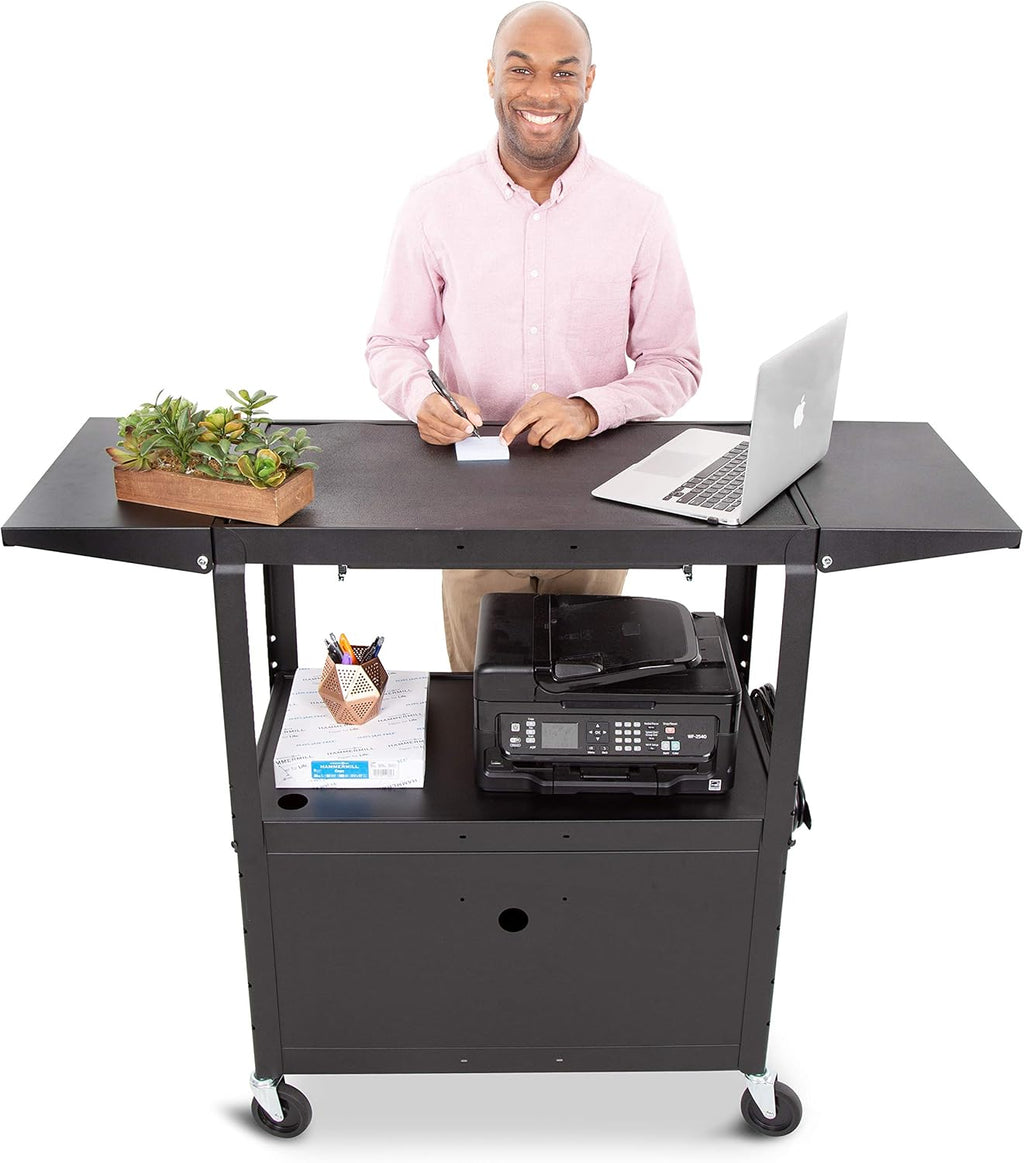 Large AV Cart with Locking Cabinet & Drop Leaves, Height Adjustable Utility Cart, Includes Pullout Keyboard Tray & Cord Management (54in x 18in x 42in / Black) S6921