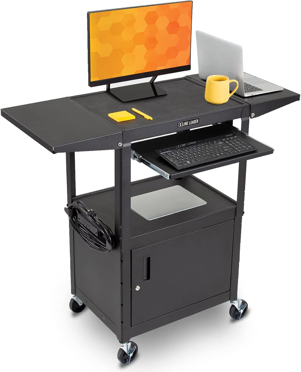 Large AV Cart with Locking Cabinet & Drop Leaves, Height Adjustable Utility Cart, Includes Pullout Keyboard Tray & Cord Management (54in x 18in x 42in / Black) S6921