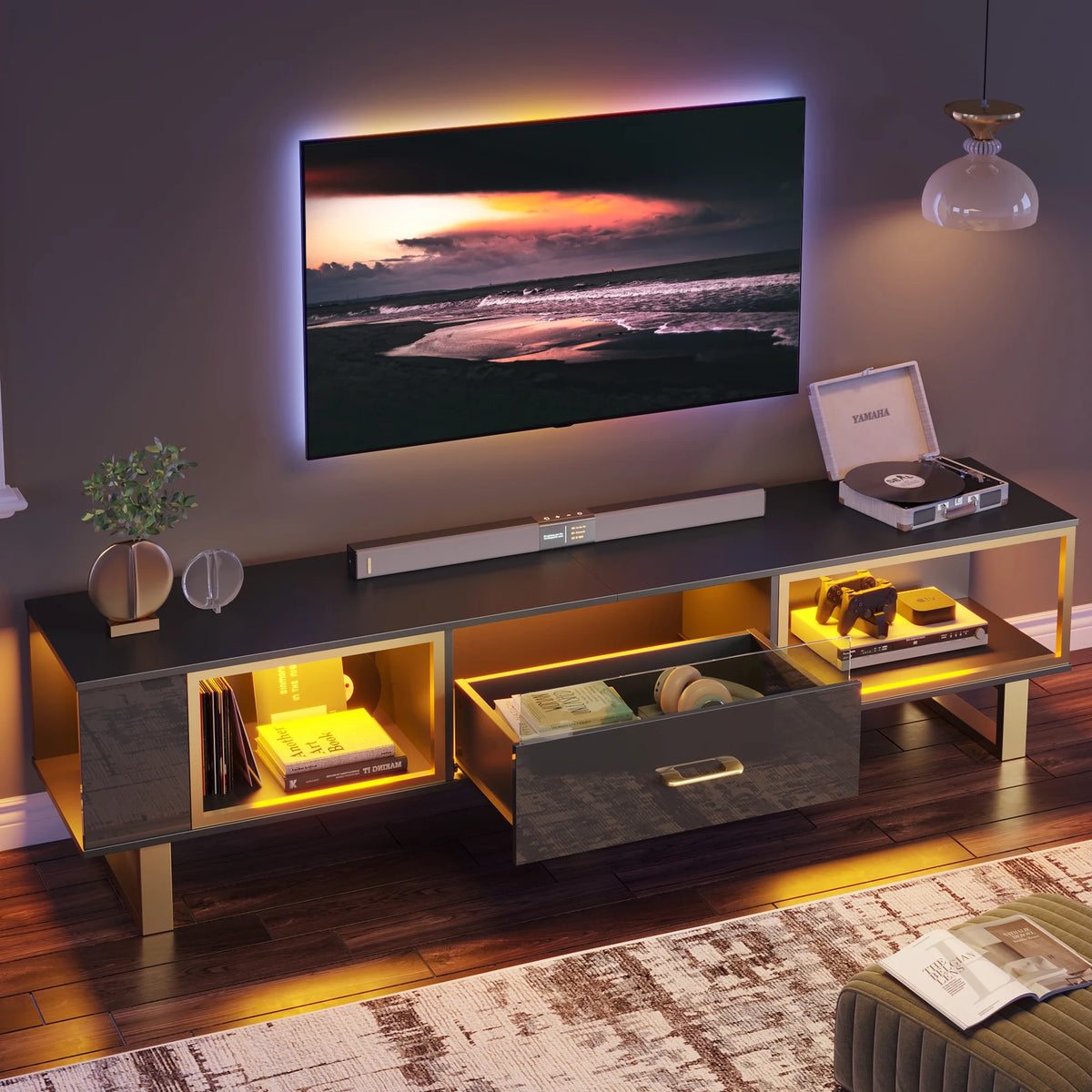 Black & Gold High Gloss TV Stand with Drawer Y73764
