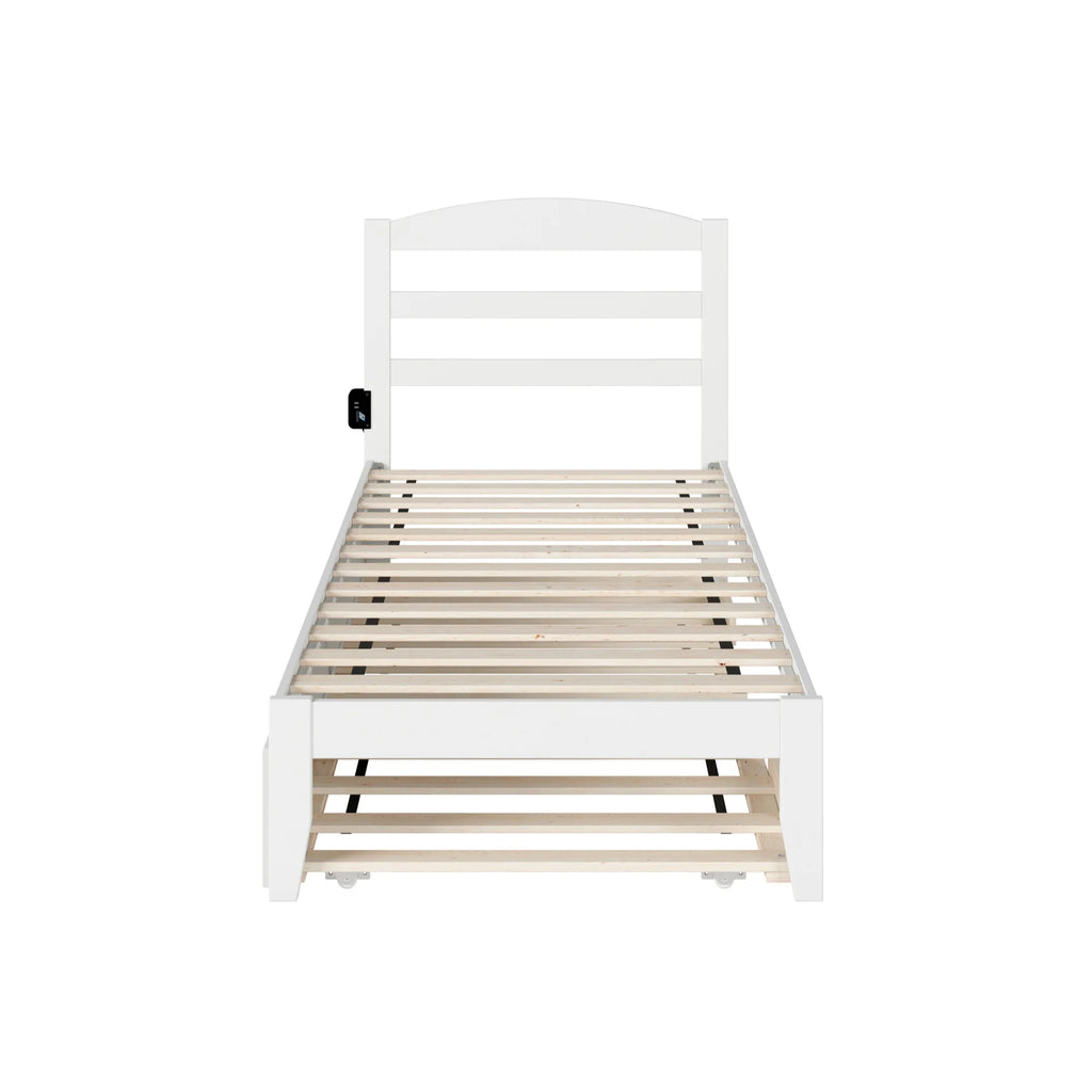 White Solid Wood Twin Bed with Trundle and USB Charger U6024