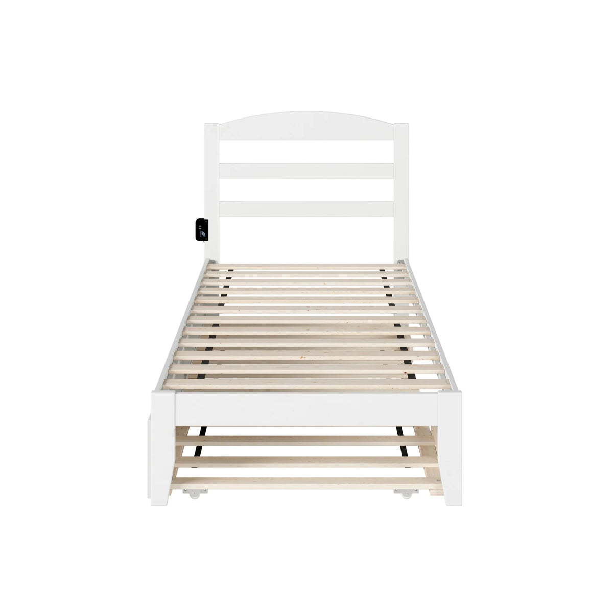 White Solid Wood Twin Bed with Trundle and USB Charger U6024