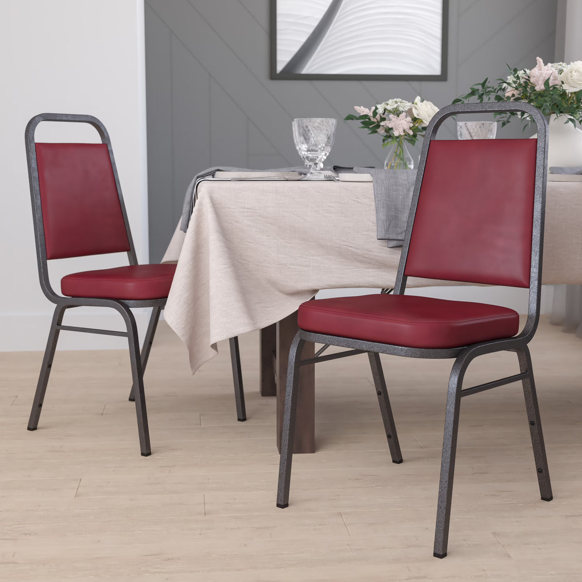 4 Pack Trapezoid Banquet Stack Chair, Gray Fabric/Silver Vein Frame F86191