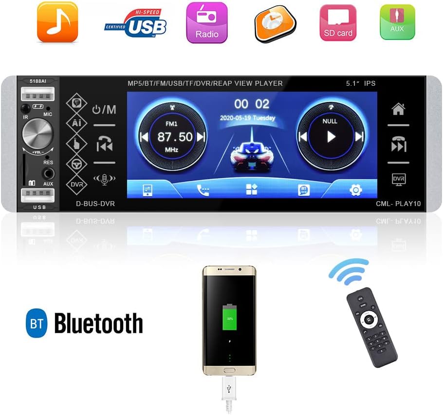 5.1 Inch Touchscreen Car Stereo with Bluetooth, Backup Camera, AM/FM Radio V5358