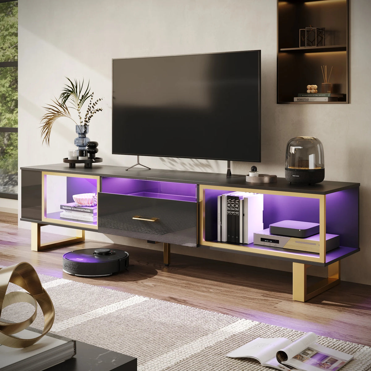 Black & Gold High Gloss TV Stand with Drawer Y73764