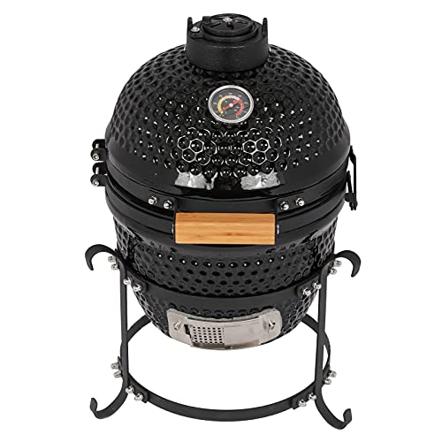 13in Round Ceramic Charcoal Grill with Thermometer, Black F798
