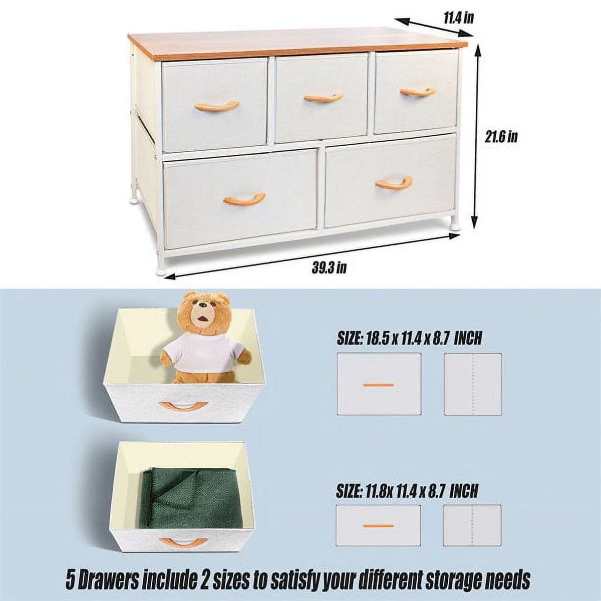 5 Drawers Wood Dresser with Fabric Drawers (Maple) G9104