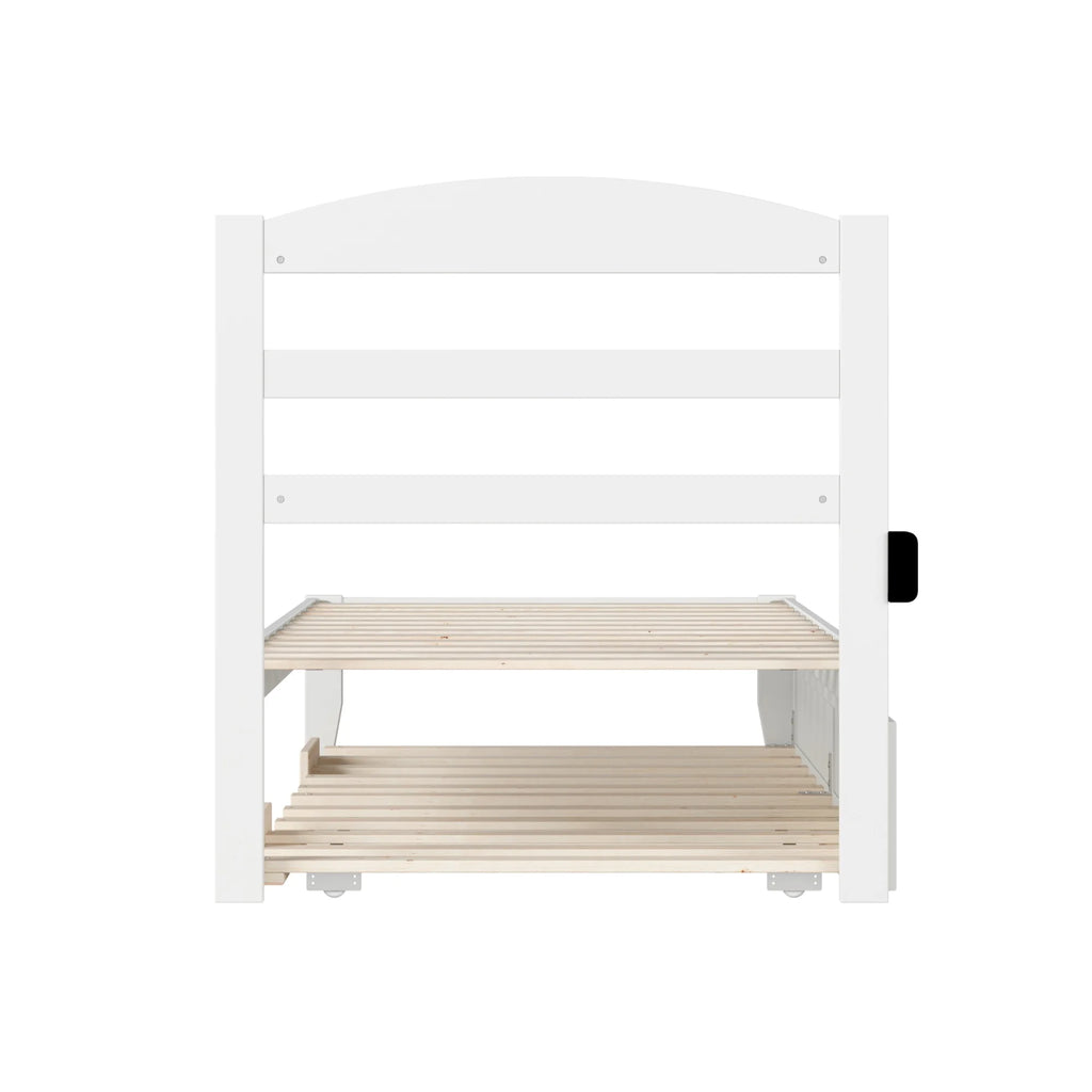 White Solid Wood Twin Bed with Trundle and USB Charger U6024