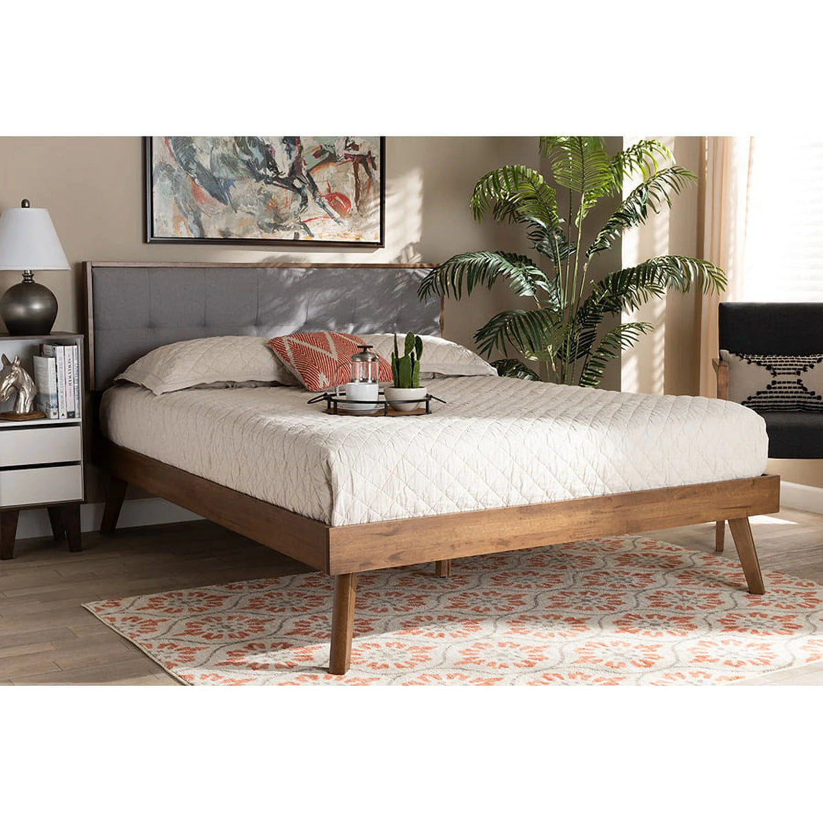 Light Grey Fabric Upholstered Walnut Brown Wood Queen Size Platform Bed Q293