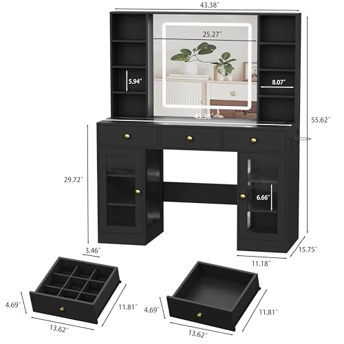 White Glass Top Vanity Desk with Mirror and Lights and 3 Drawers K745840