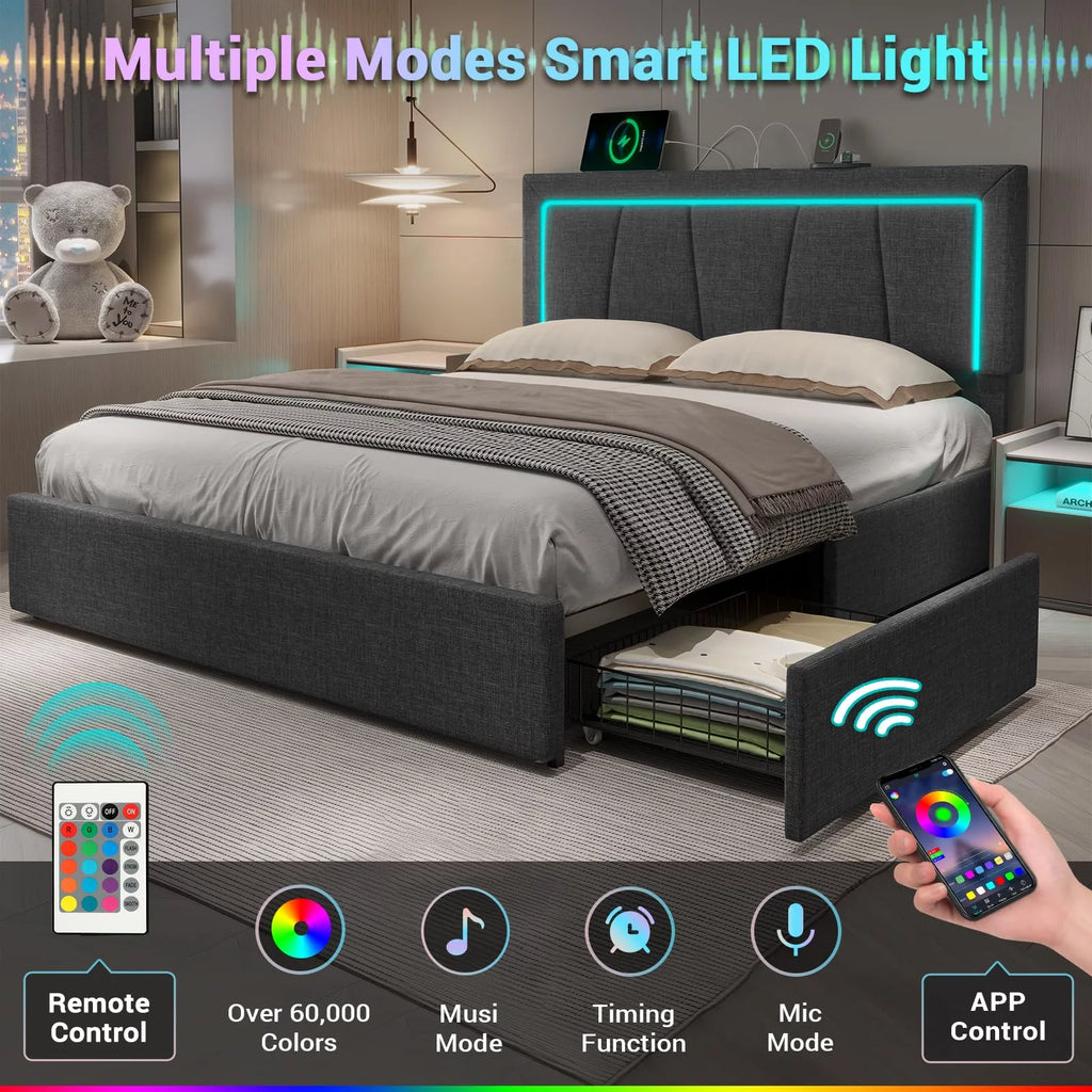 Dark Grey Queen Size Upholstered Platform Bed with 4 Storage Drawers O779080
