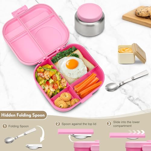 Bento Lunch Box for Kids, 4 Compartments, 12oz Soup Thermo, BPA Free, Leak proof, Blue Q91991