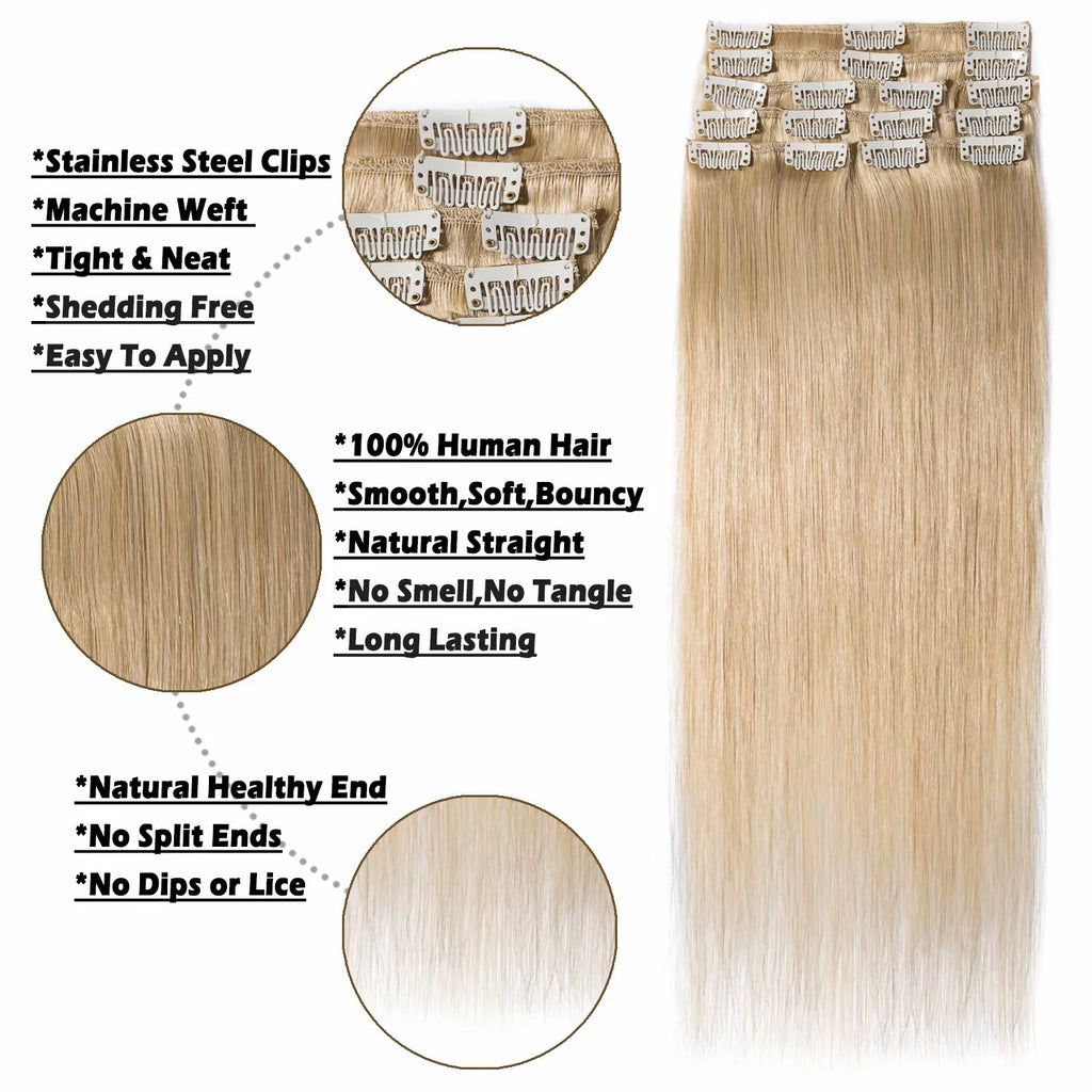 Human Hair Extensions Clip In Natural Blonde Straight H4075
