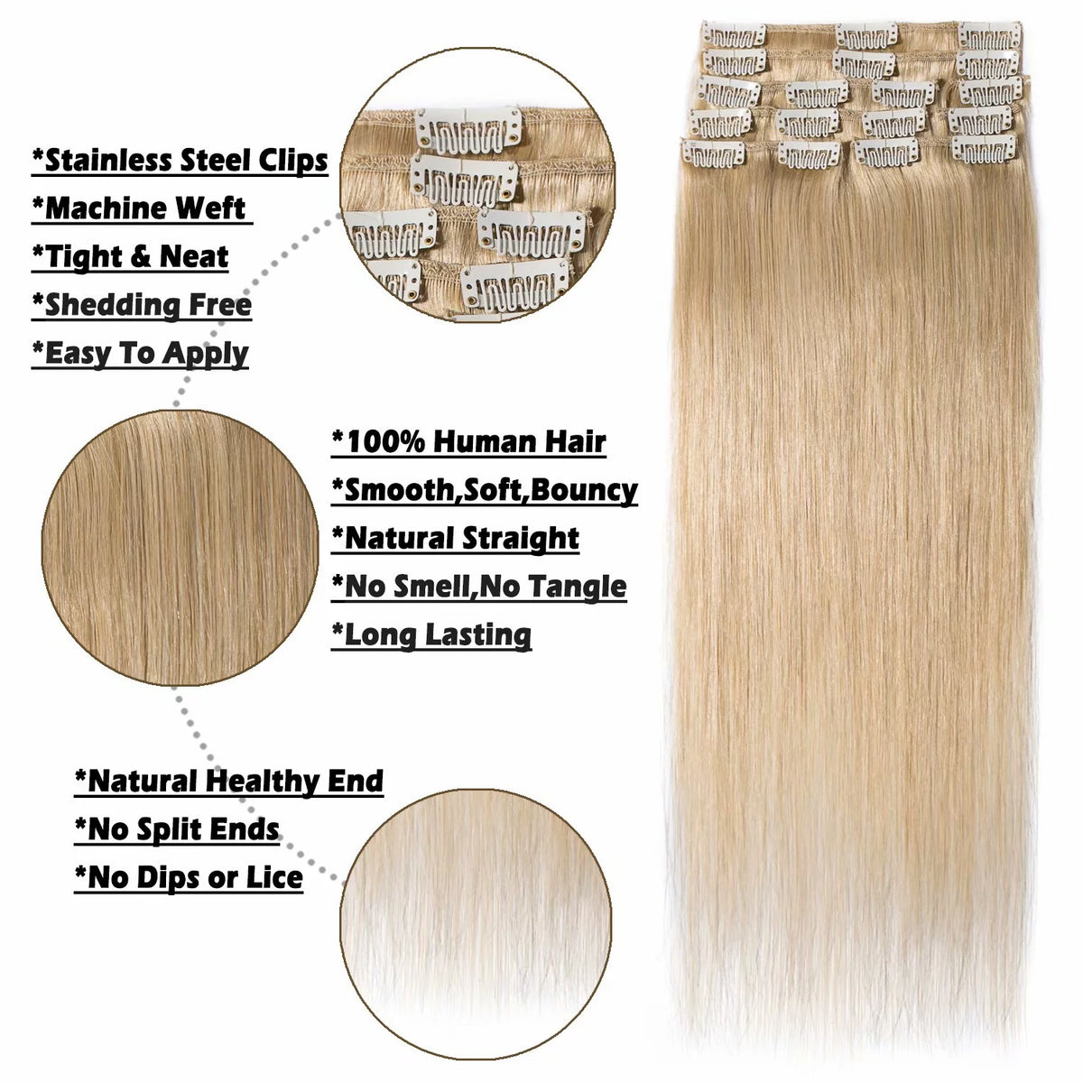 Human Hair Extensions Clip In Natural Blonde Straight H4075