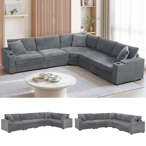 Beige Corduroy Sectional Corner Sofa with Cup Holders Q475308