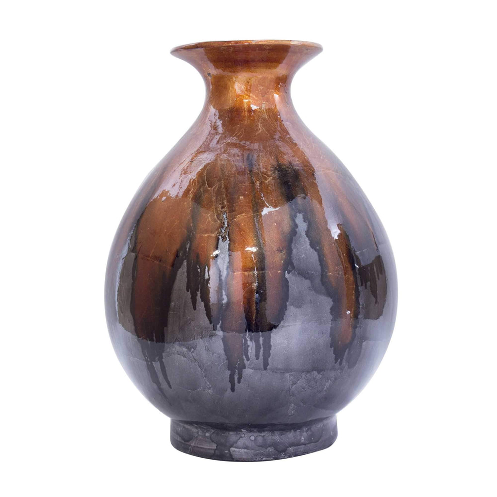 Bronze Brown Amber Gray Ceramic Round Water Jar Vase O246500