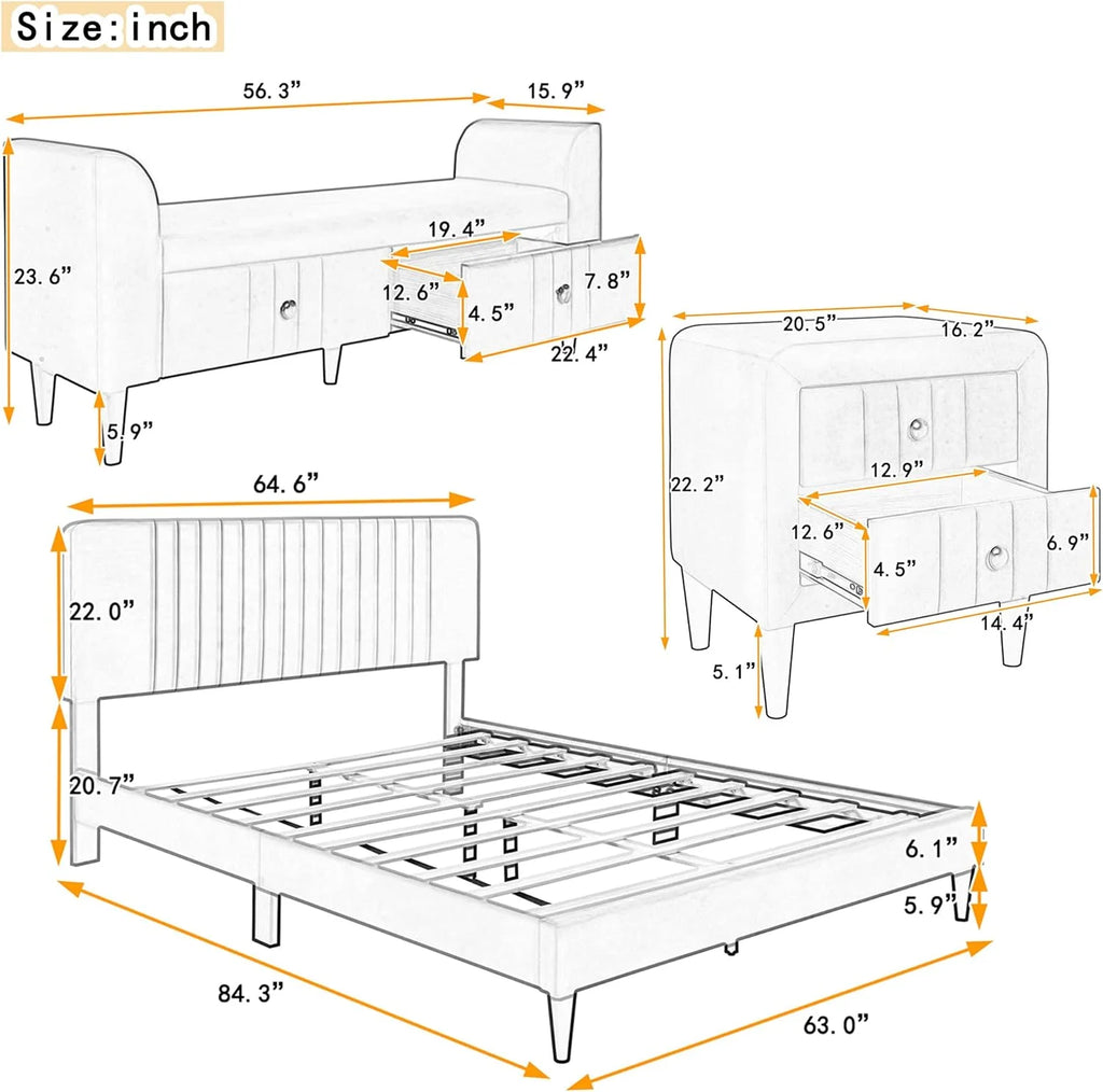 Queen Size Upholstered Platform Bed with Storage Bench N61497