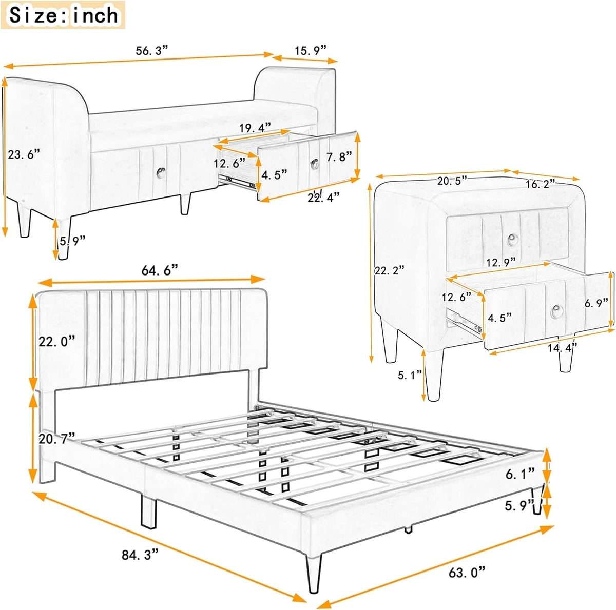 Queen Size Upholstered Platform Bed with Storage Bench N61497