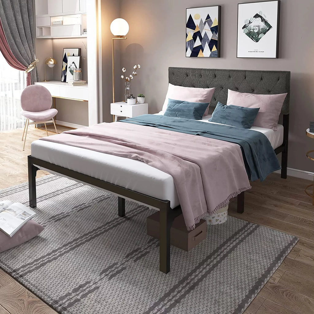 Queen Size Metal Bed Frame with Upholstered Headboard A990259