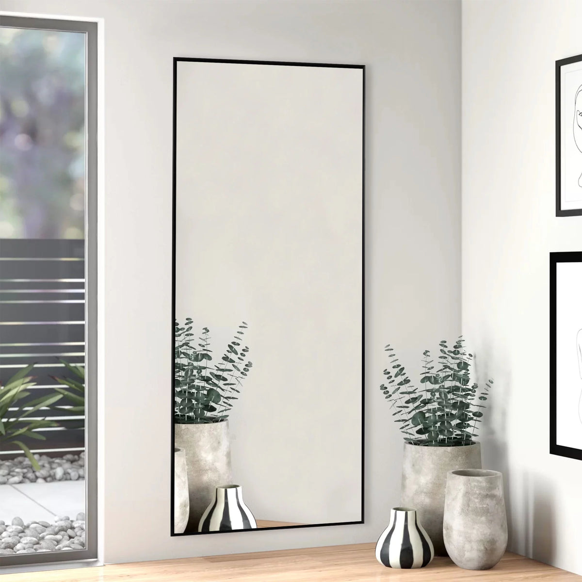 51"x16" Rectangular Full Length Floor Mirror with Stand Black O895