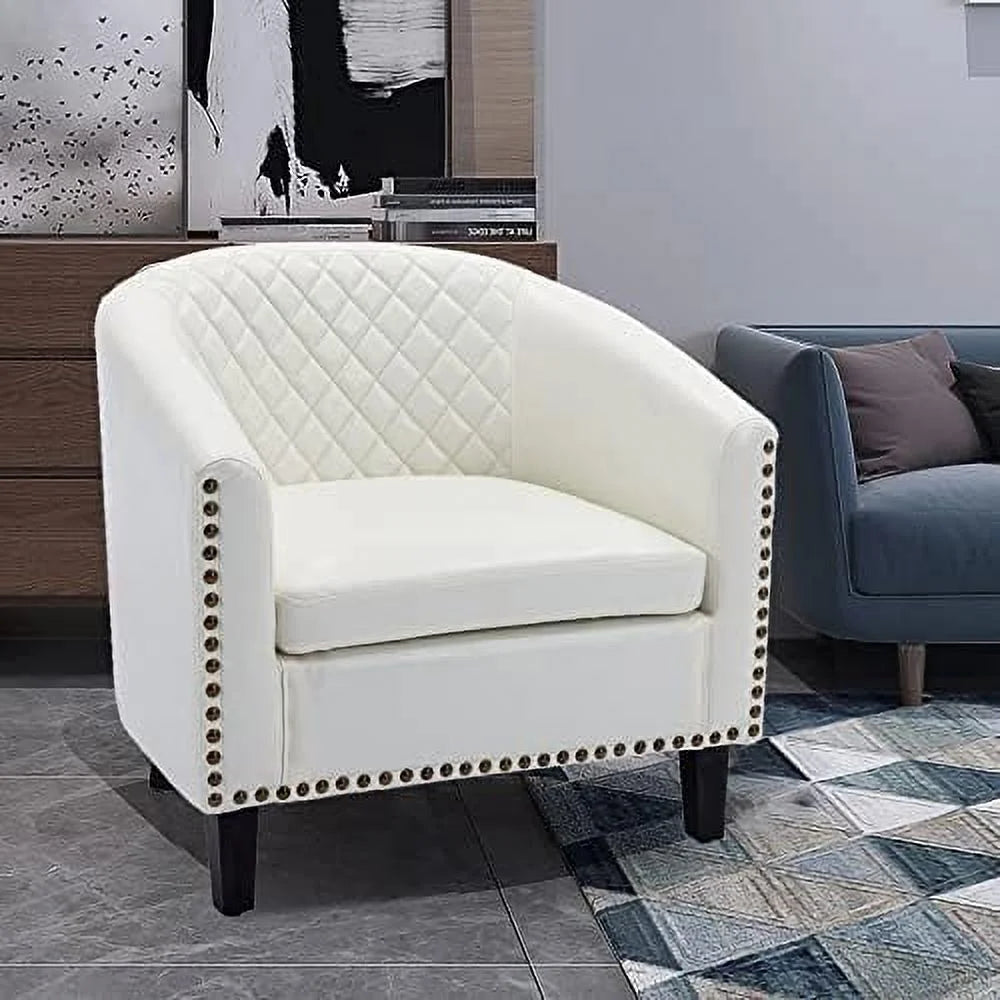 White Faux Leather Barrel Club Chair with Solid Wood Legs H656