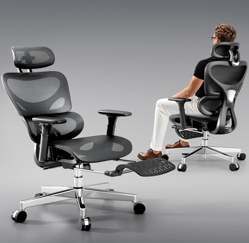 Grey and Black Mesh Ergonomic Office Chair with Footrest J347