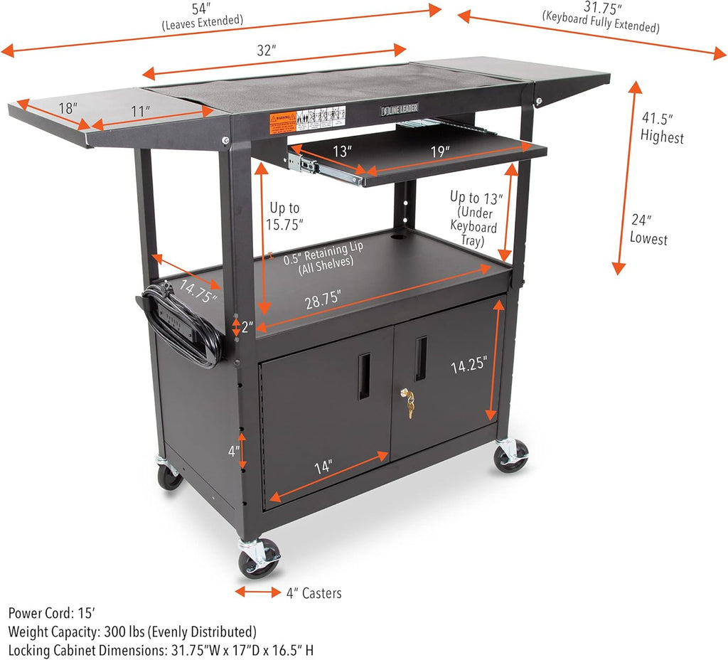 Large AV Cart with Locking Cabinet & Drop Leaves, Height Adjustable Utility Cart, Includes Pullout Keyboard Tray & Cord Management (54in x 18in x 42in / Black) S6921