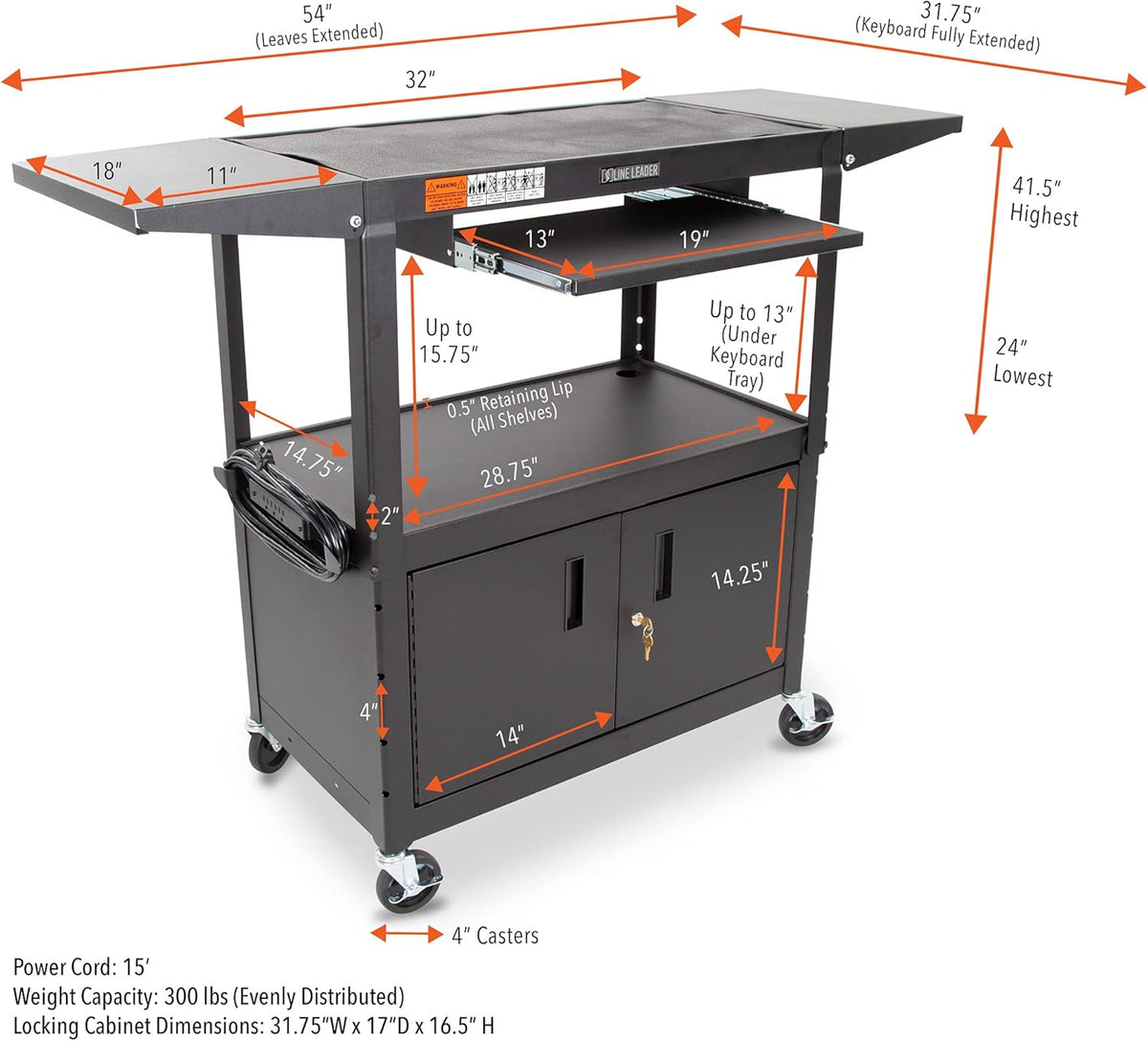Large AV Cart with Locking Cabinet & Drop Leaves, Height Adjustable Utility Cart, Includes Pullout Keyboard Tray & Cord Management (54in x 18in x 42in / Black) S6921