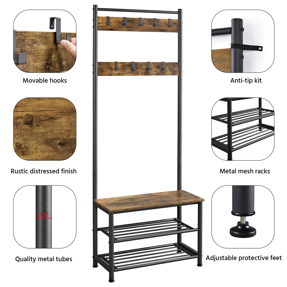 Rustic Brown Wooden Entryway Coat Rack with Shoe Storage Bench V918