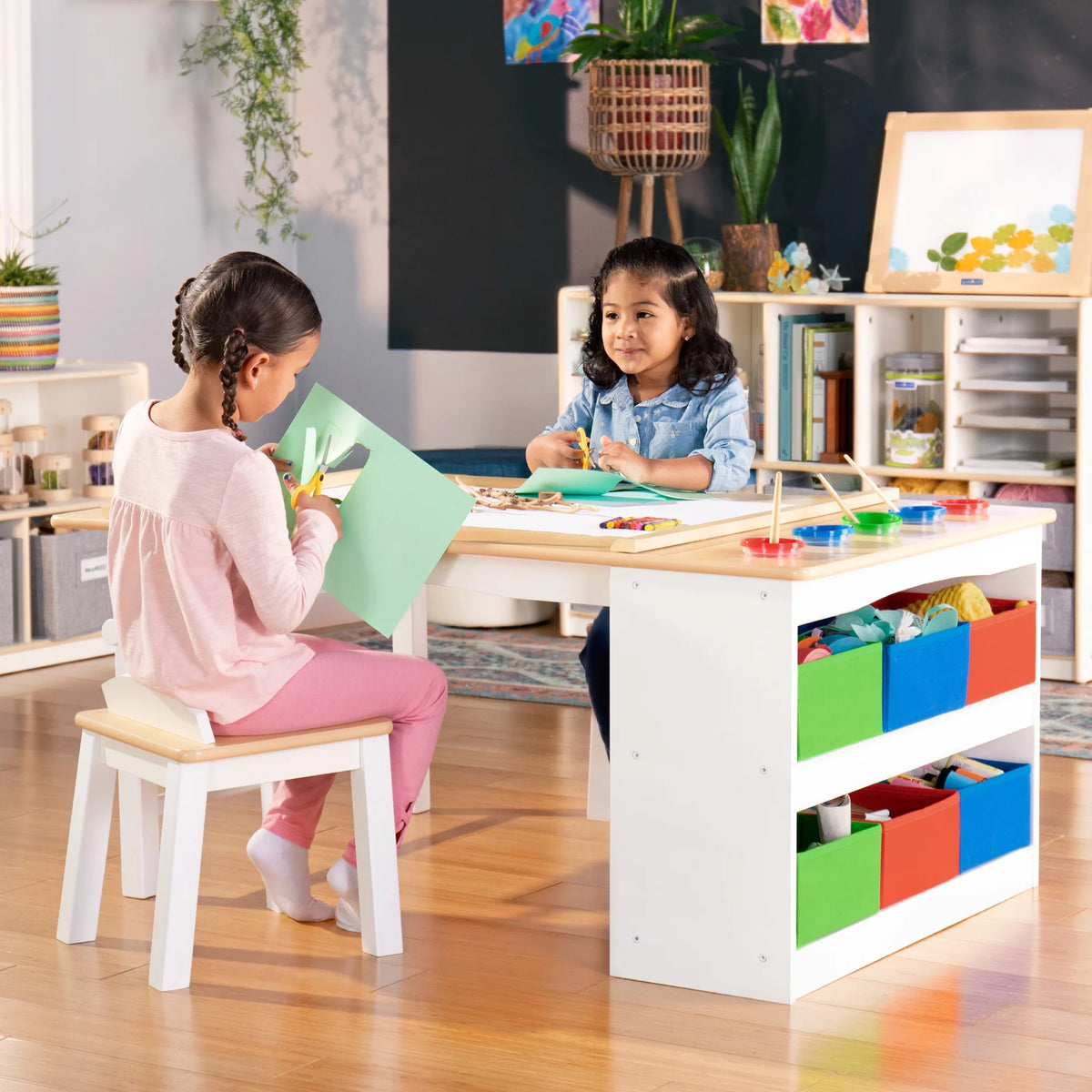 Kids Activity Table and Drawing Desk with Stools, Storage Canvas Bins, Paper Roller, and Paint Cups N8979