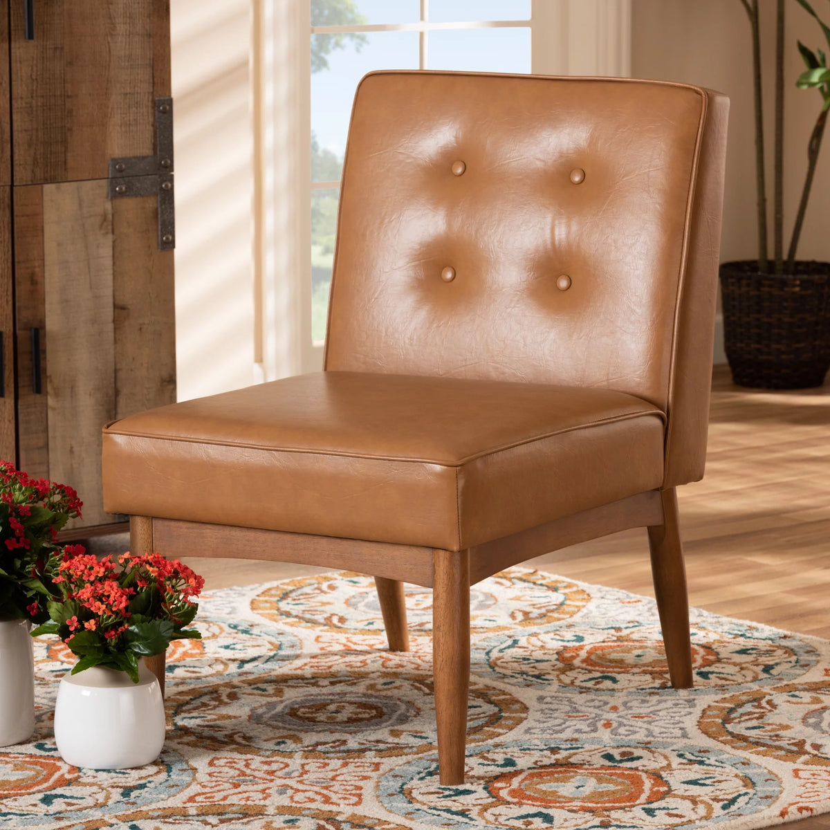 Tan Faux Leather Upholstered Wood Dining Chair I225