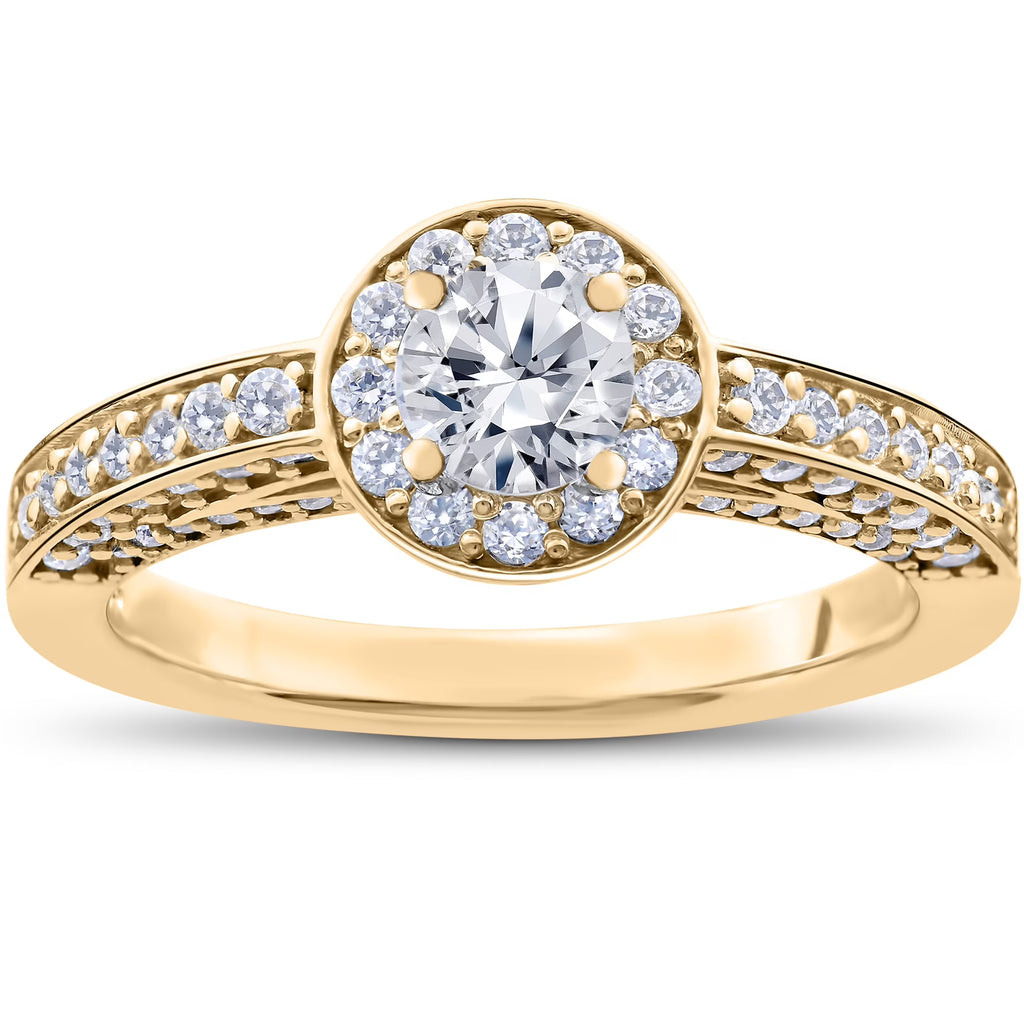 14k Yellow Gold Diamond Halo Solitaire Engagement Ring I91270