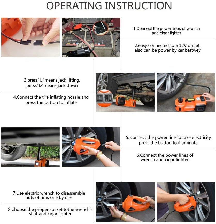 12V DC Electric Hydraulic Floor Jack and Tire Inflator Pump and LED Flashlight 3 in 1 Set with Electric Impact Wrench Car Repair Tool Kit N988