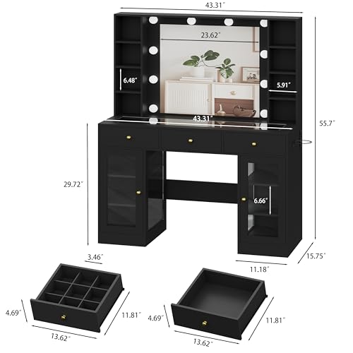 White Glass Top Vanity Desk with Mirror and Lights and 3 Drawers K745840