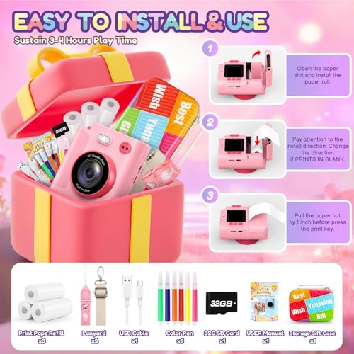 Instant Print Dual Lens Digital Camera with 32G SD Card Storage Bag Pink B5537