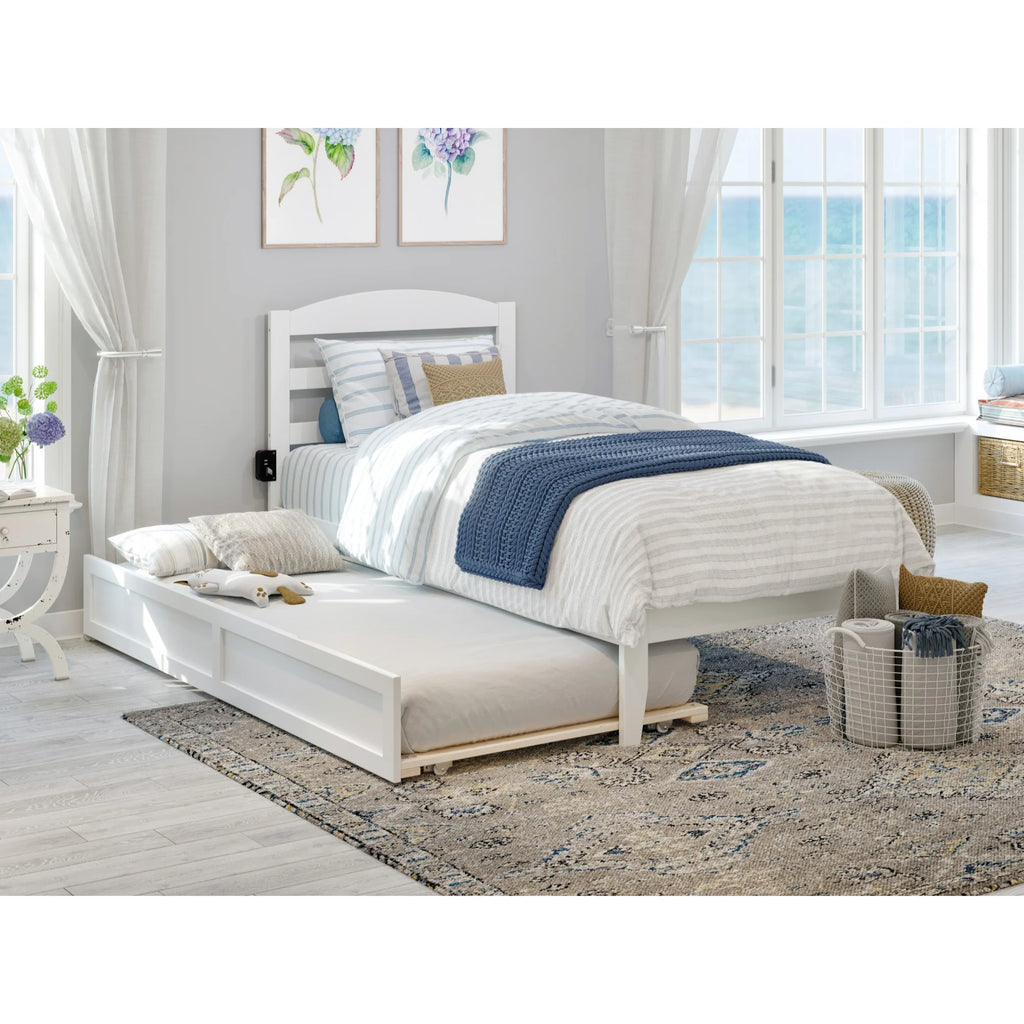White Solid Wood Twin Bed with Trundle and USB Charger U6024