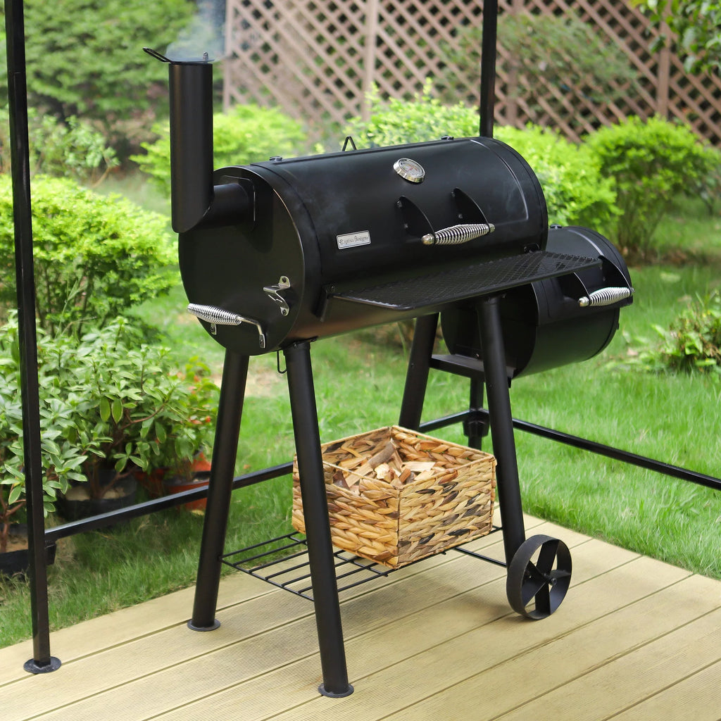 Steel BBQ Charcoal Grill with Offset Smoker in Black U577