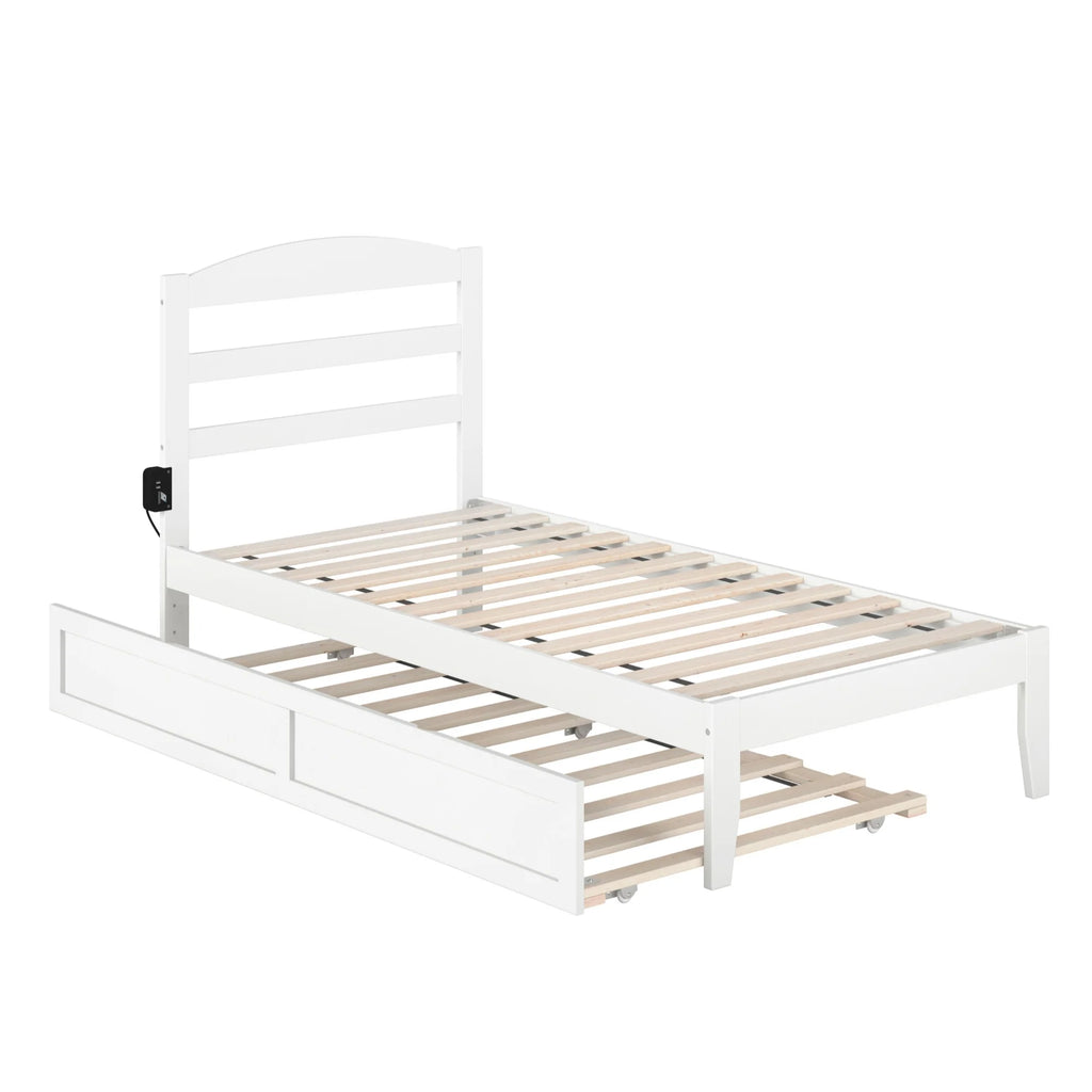 White Solid Wood Twin Bed with Trundle and USB Charger U6024