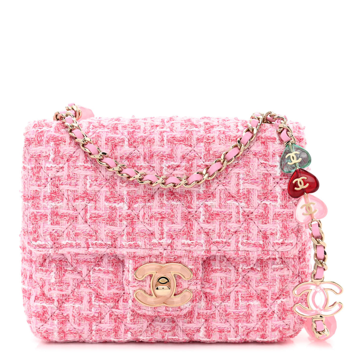 Quilted Tweed Mini Heart Square Flap Pink White J38143
