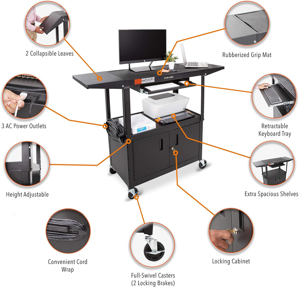 Large AV Cart with Locking Cabinet & Drop Leaves, Height Adjustable Utility Cart, Includes Pullout Keyboard Tray & Cord Management (54in x 18in x 42in / Black) S6921