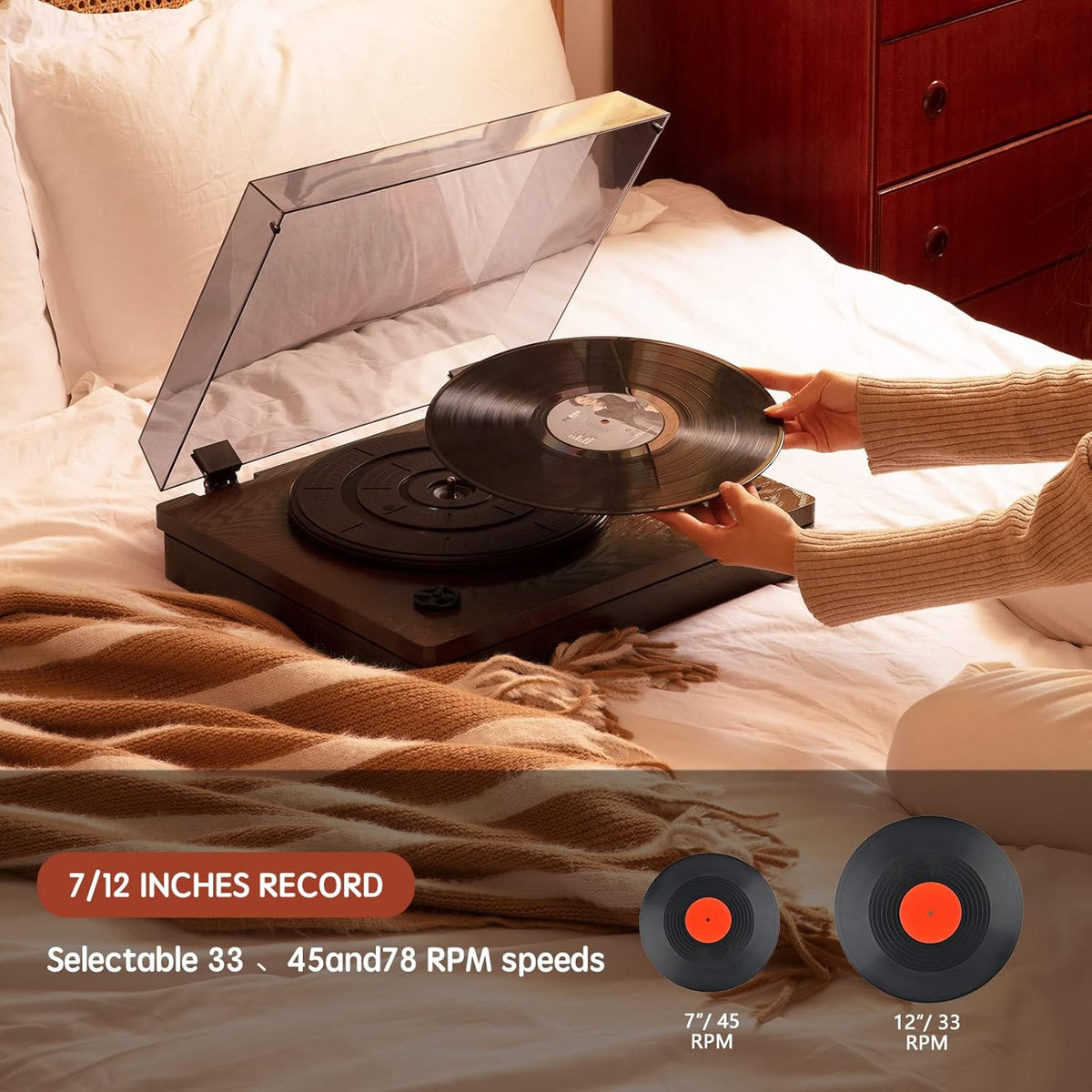 Wooden Vinyl Record Player with Built-in Speakers, Bluetooth Input, 3-Speed D1493