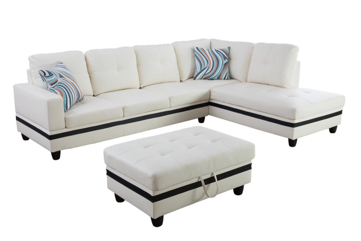 Black&White Leather Sectional Sofa Set with Storage Ottoman and Matching Pillows I7773