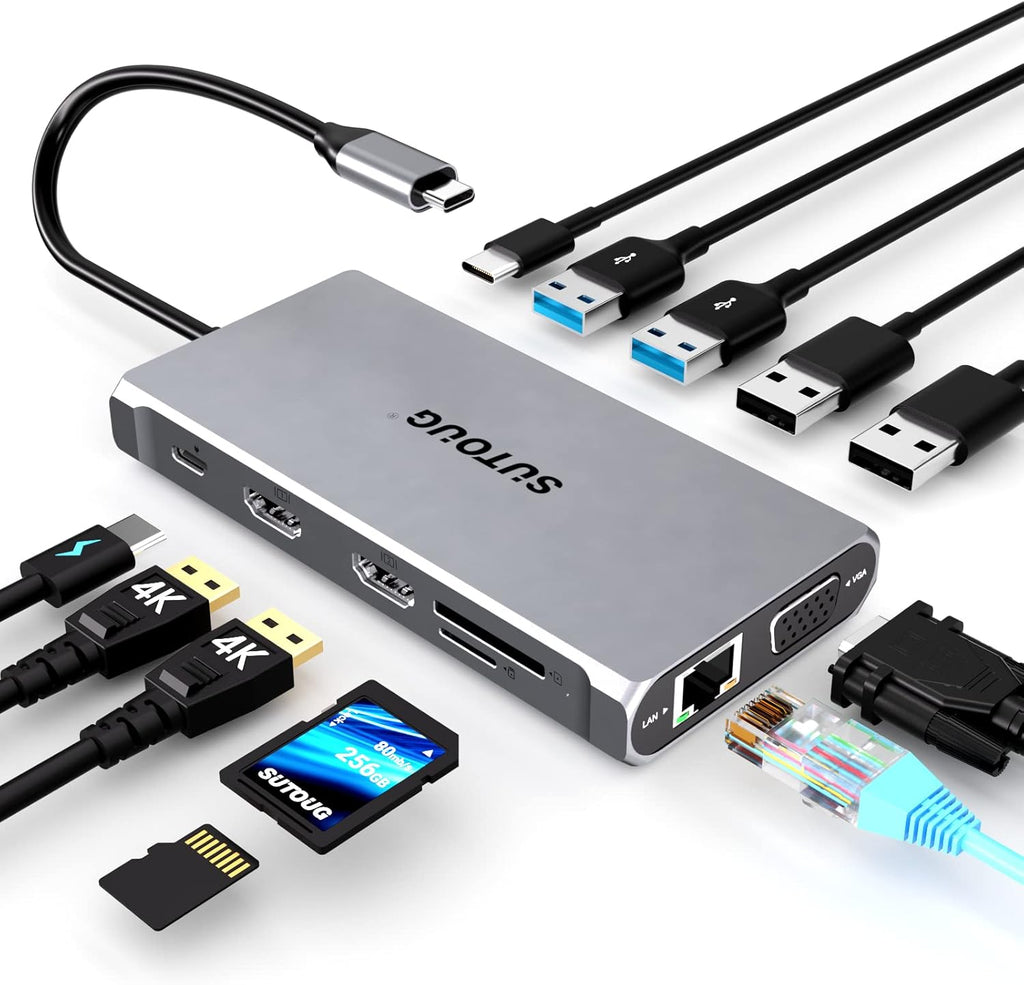 12 in 1 USB C Hub with Dual HDMI 4K VGA Ethernet PD 3.0 USB-C 3.0 TF/SD Card Slot S91078