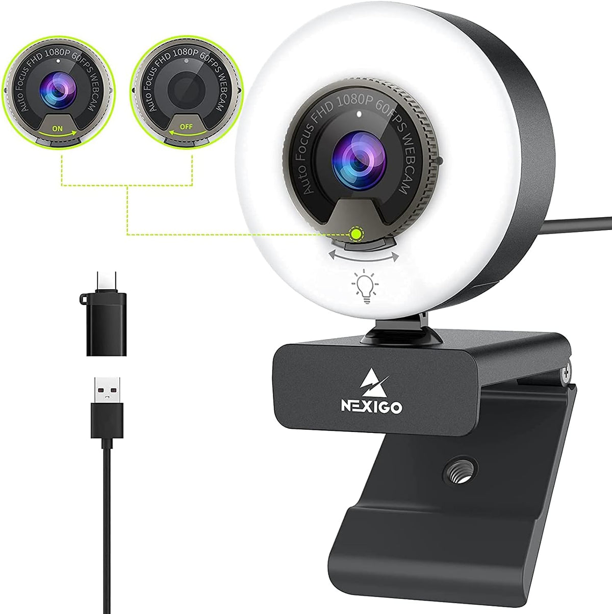 1080P 60FPS Webcam with Light, AutoFocus, Privacy Cover, Dual Stereo Microphone V3331