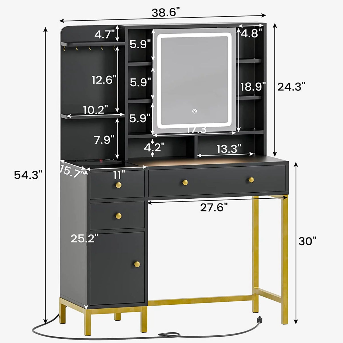 Black Makeup Desk with Lights and Charging Station E65511