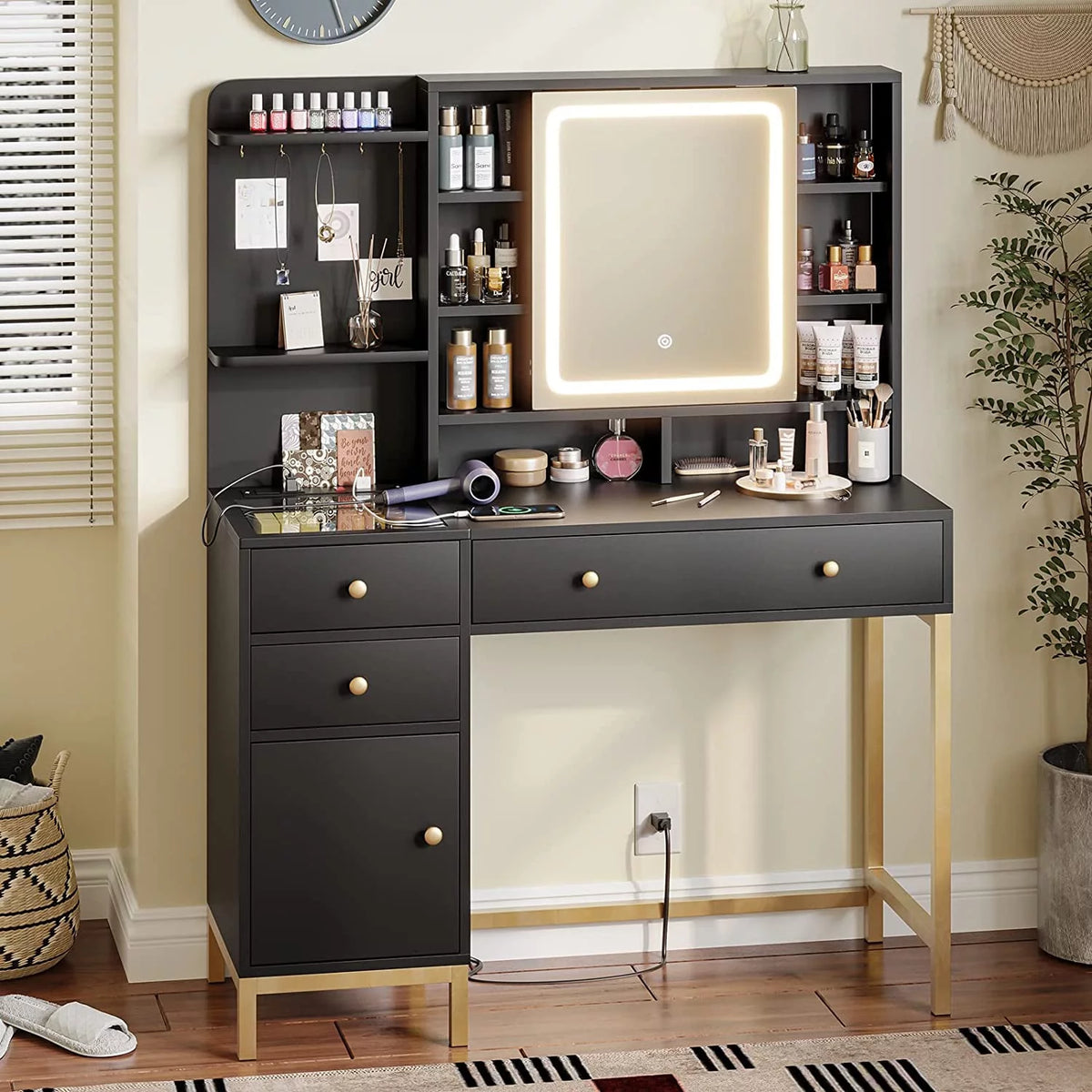Black Makeup Desk with Lights and Charging Station E65511