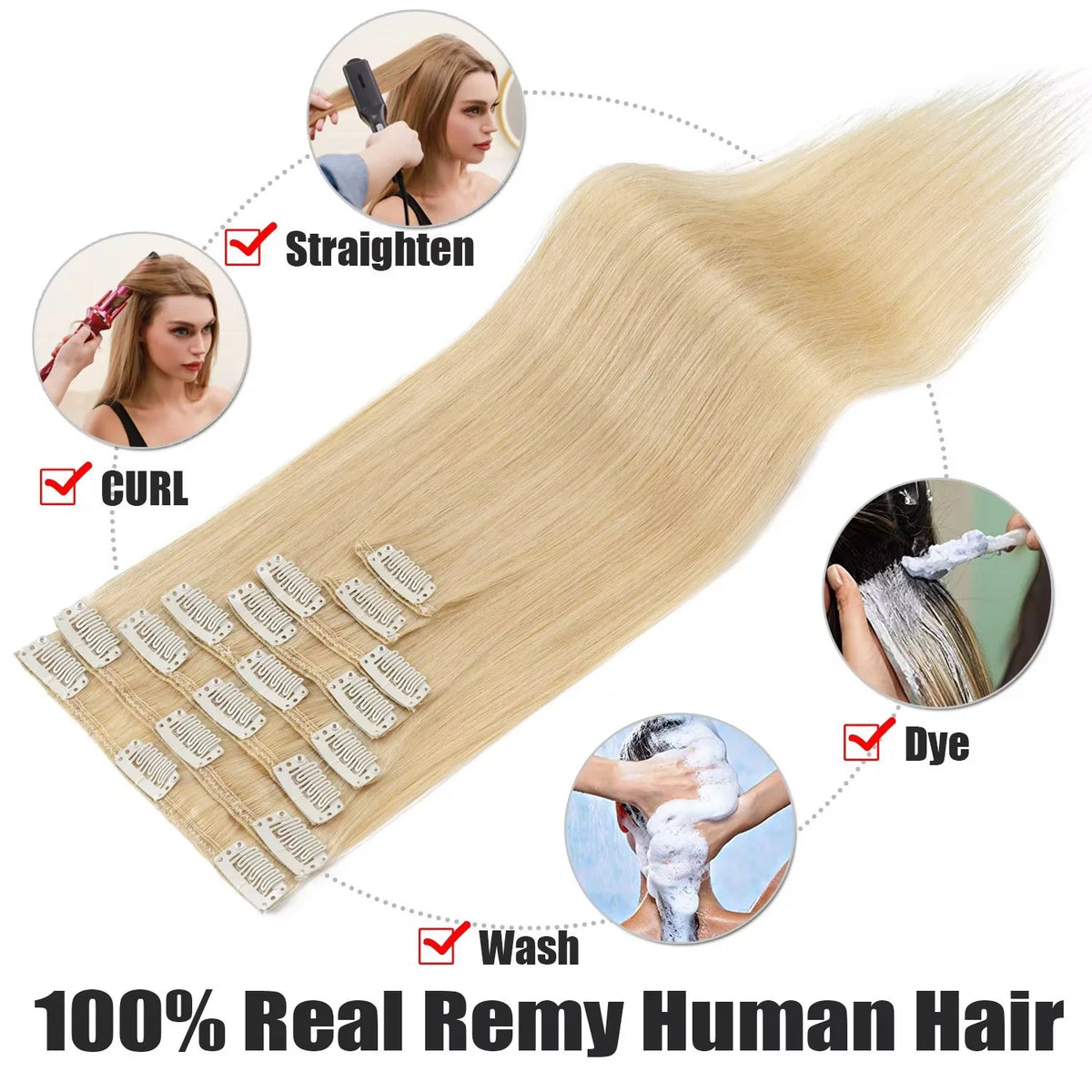 Human Hair Extensions Clip In Natural Blonde Straight H4075