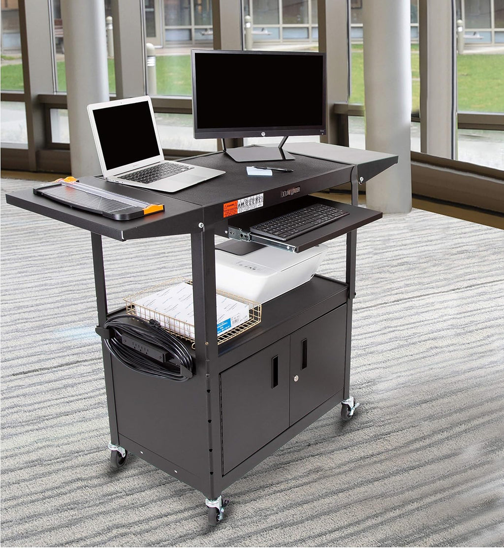 Large AV Cart with Locking Cabinet & Drop Leaves, Height Adjustable Utility Cart, Includes Pullout Keyboard Tray & Cord Management (54in x 18in x 42in / Black) S6921