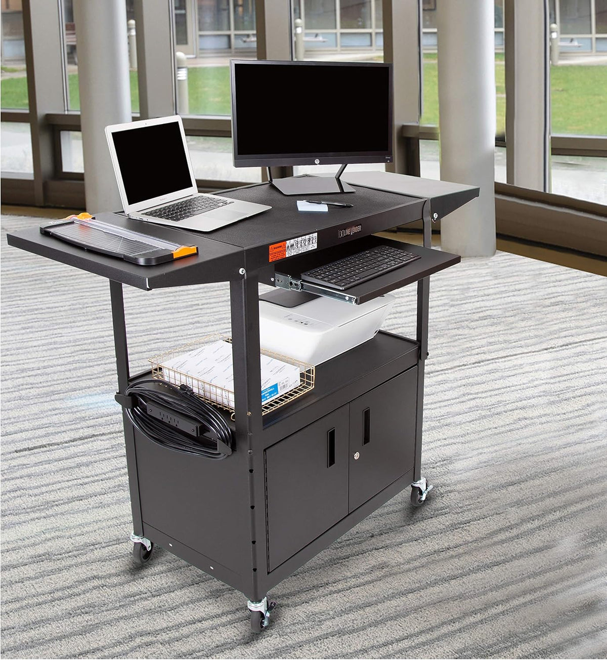 Large AV Cart with Locking Cabinet & Drop Leaves, Height Adjustable Utility Cart, Includes Pullout Keyboard Tray & Cord Management (54in x 18in x 42in / Black) S6921