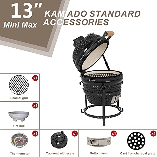 13in Round Ceramic Charcoal Grill with Thermometer, Black F798