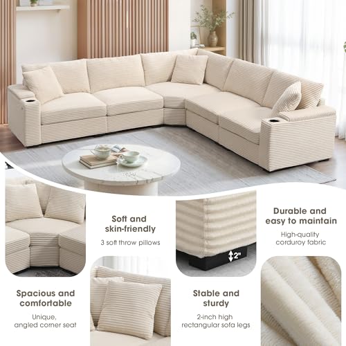 Beige Corduroy Sectional Corner Sofa with Cup Holders Q475308